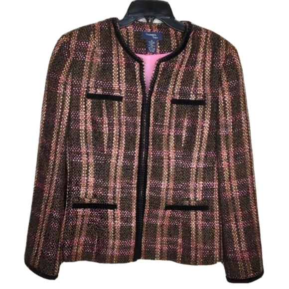 Fundamental Things Brown Pink Plaid Sz 12 Tweed like Jacket Work Church Blazer - Picture 4 of 10